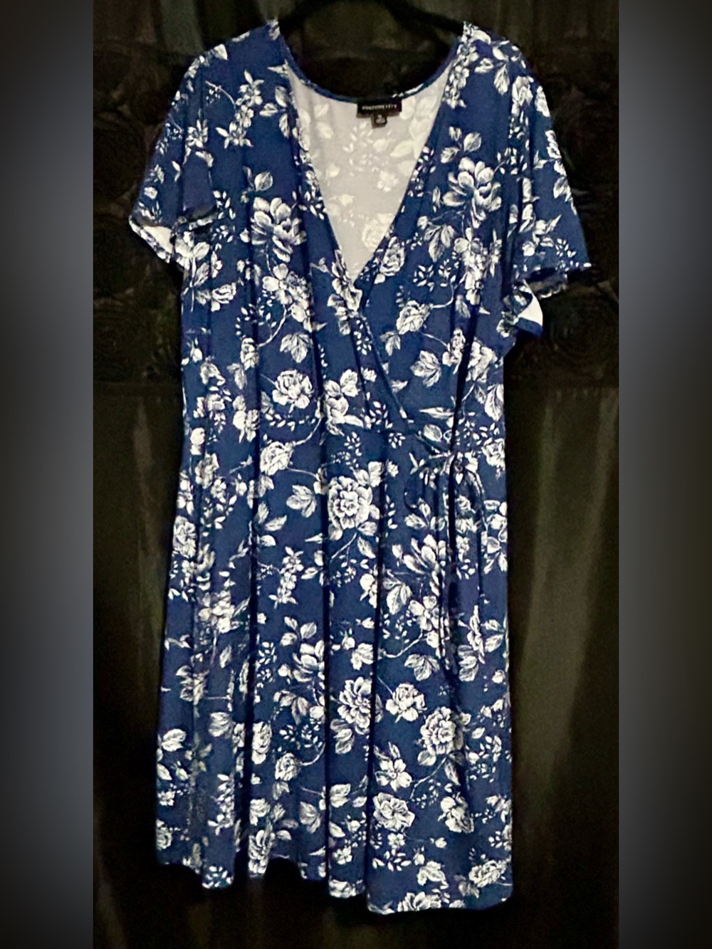 Blue Floral Wrap-Style Midi Dress
